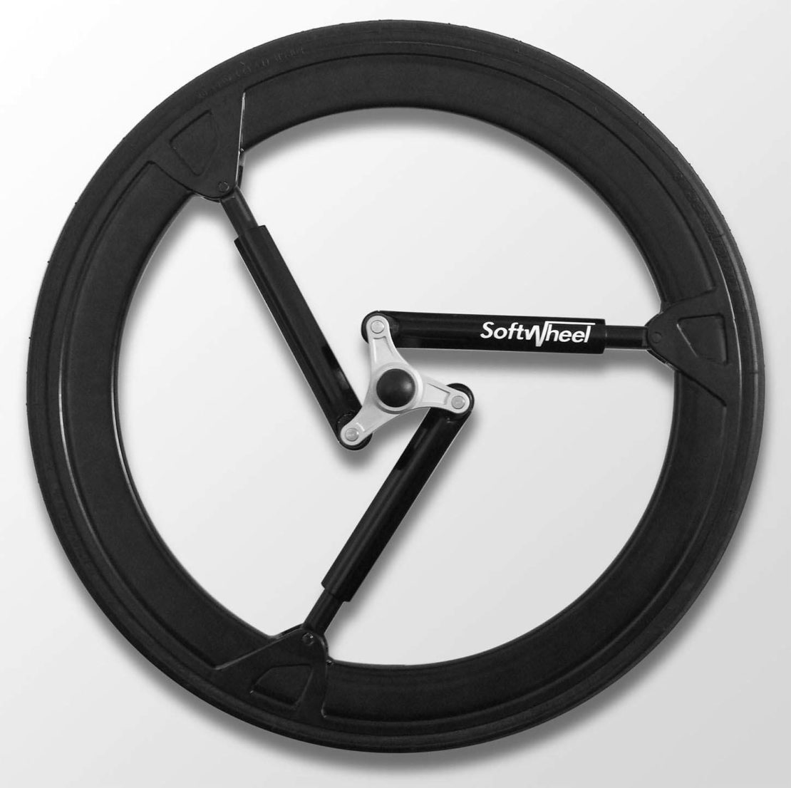 The SoftWheel's three compression cylinders give wheelchairs the suspension they've previously lacked